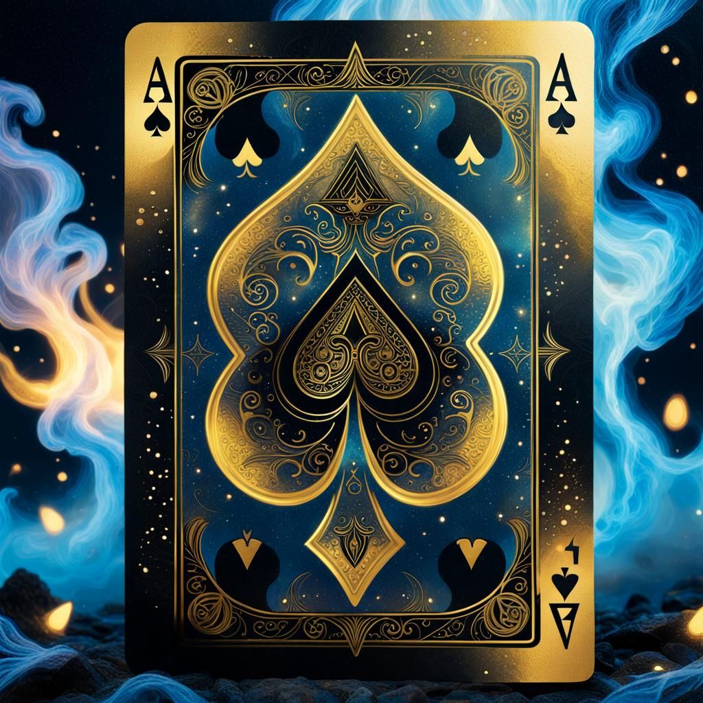 Ace of spades
playing  card 
in black yellow and gold on blu...