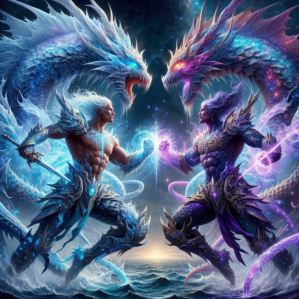 Atlantean warriors face off Ice-Dragon & Dark-Rain