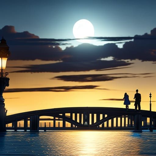 A man and his pretty wife on a bridge in Paris by night, wat...