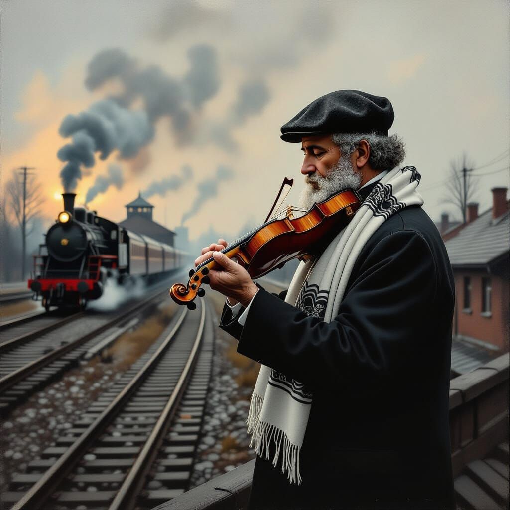 Jewish Man Playing Violin on Train Entering Auschwitz