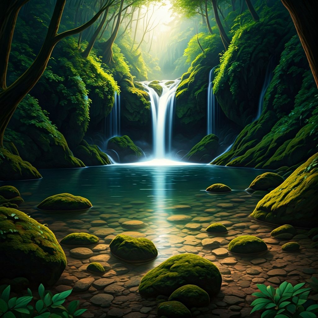 Hidden Waterfall Oasis in Lush Green Landscape