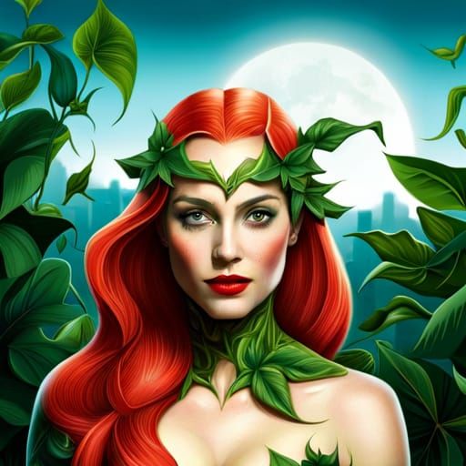 photorealistic shot of poison ivy as depicted in batman movie, covered ...