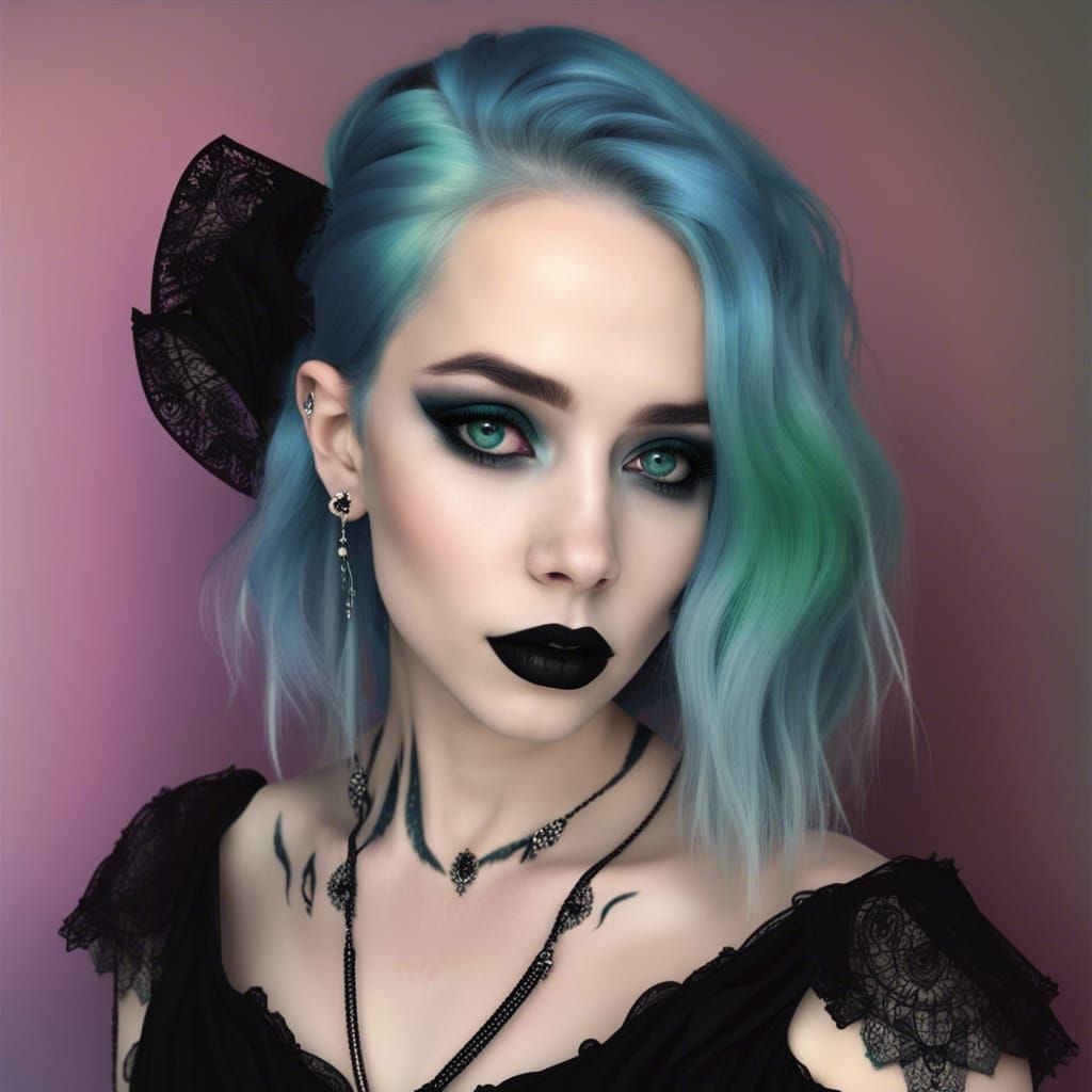 Gothic young lady with blue hair& green eyes& gothic makeup& porcelain ...