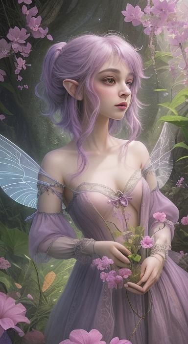 In an enchanting composition, a mythical mauve-tinted pixie ...