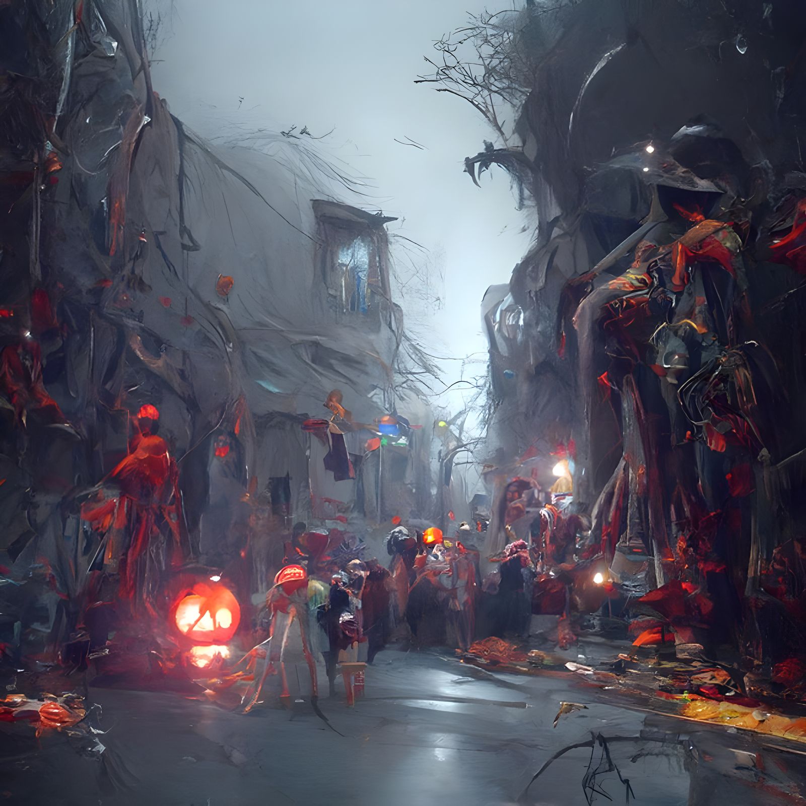 a lot people in costumes on a poorly lit street in the subur...