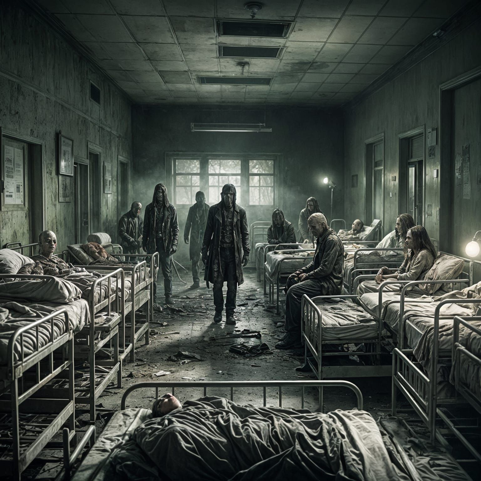 Zombie apocalypse art. Medium shot. Undead rising from hospi...