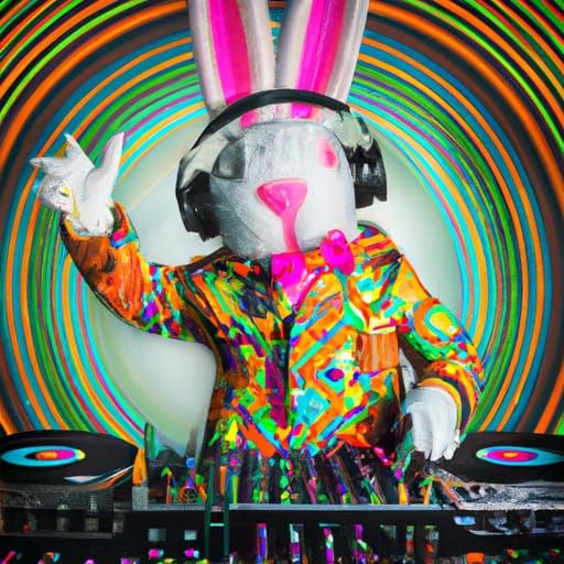 easter bunny in psychedelic jacket acting as a DJ