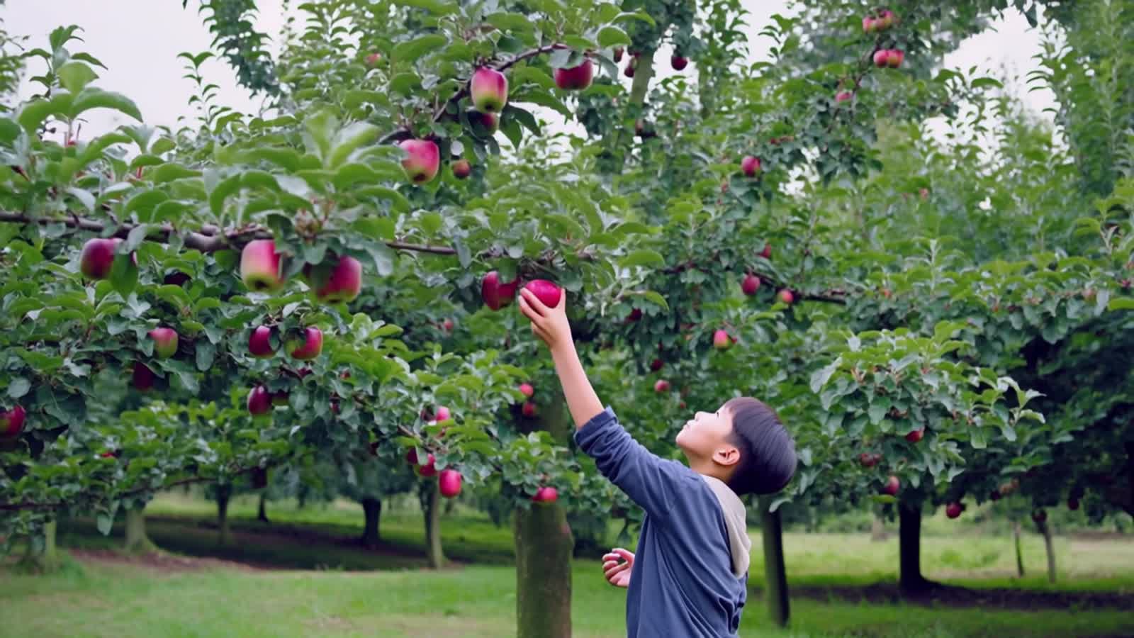 Tree unhappy with losing an apple, startles away the boy doing the picking.