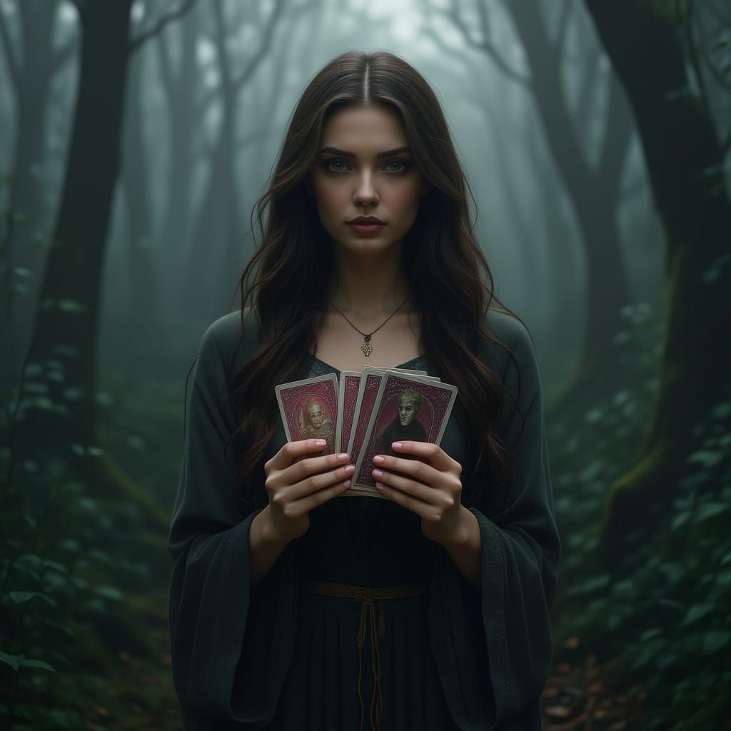 Young woman standing in the foggy forest. Has cards in her hands. She has a long brown hair