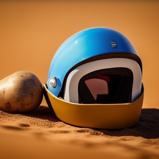 a potato with a bike helmet in the middle of a desert