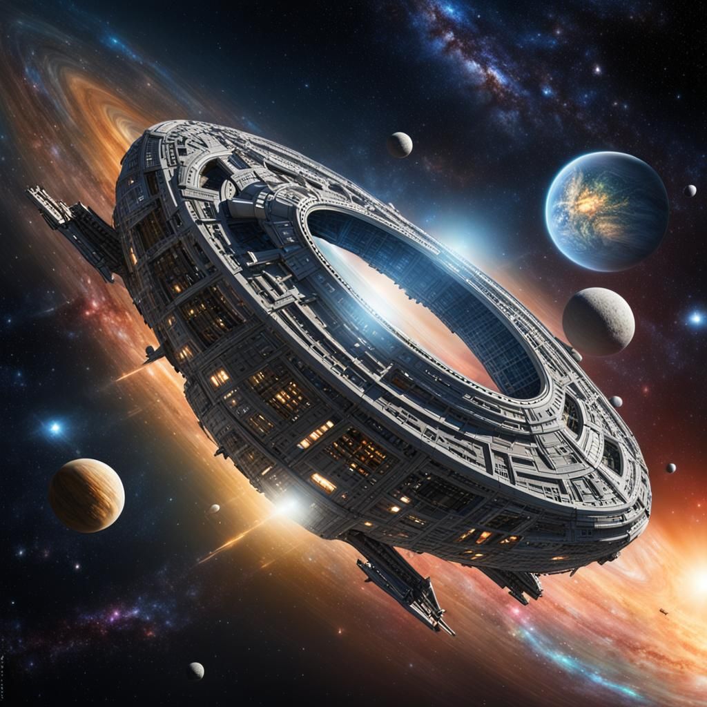 Science fiction. A huge oval spaceship crisscrossing the gal...