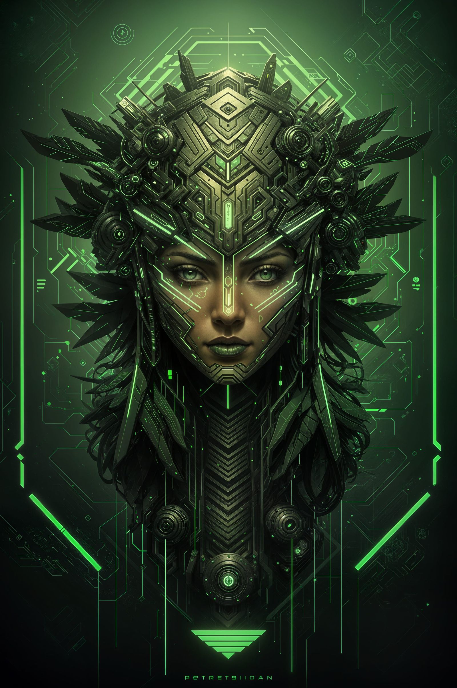 cyber vibration, green tribal design, cyberpunk art by Petro...