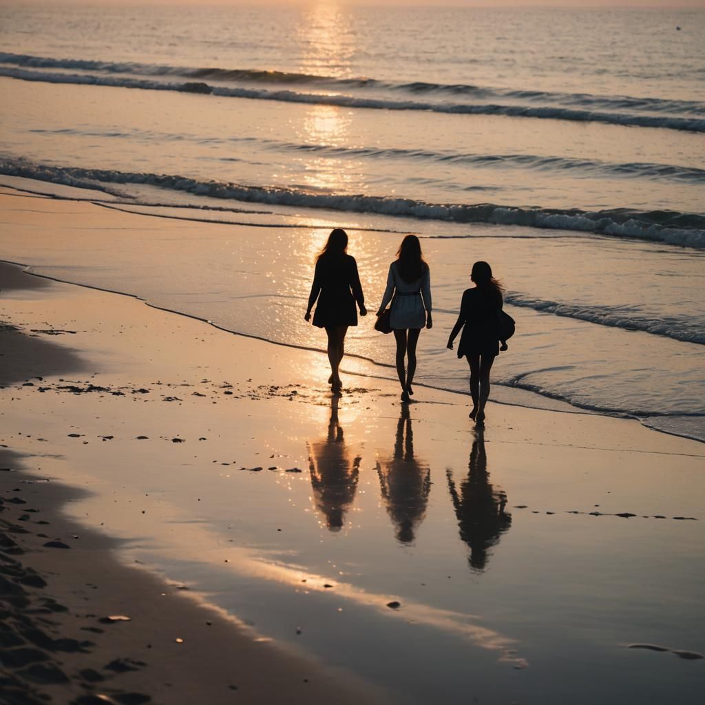 silhouettes of 2 girl best friends walking toward a sunset o...