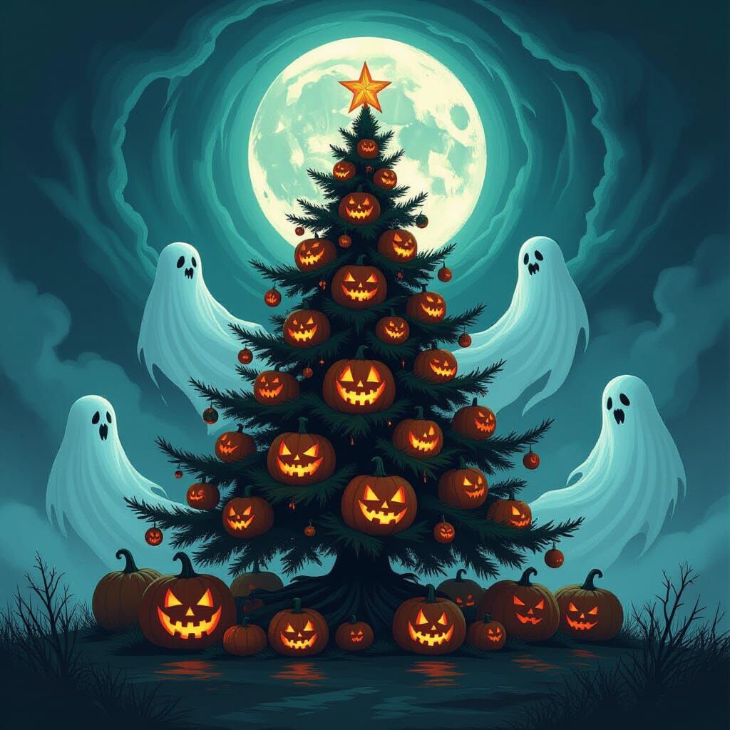 A haunted christmas tree with scary pumpkins as ornaments and white ghosts circling around in vortex 