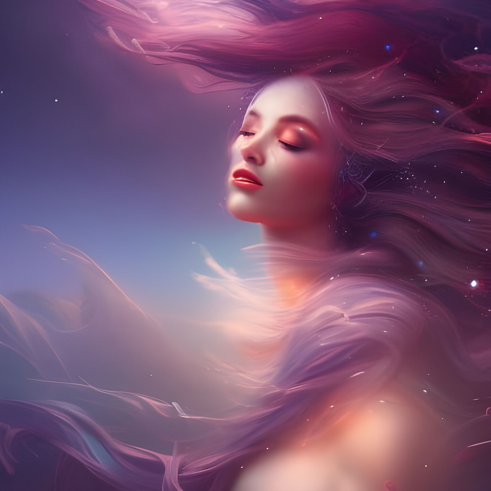 A woman dancing in a sea of stars, a light wind blows, a glo...