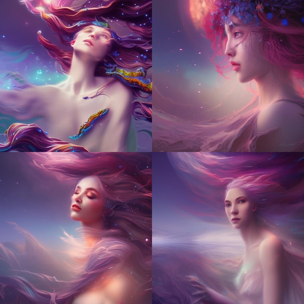 A woman dancing in a sea of stars, a light wind blows, a glo...