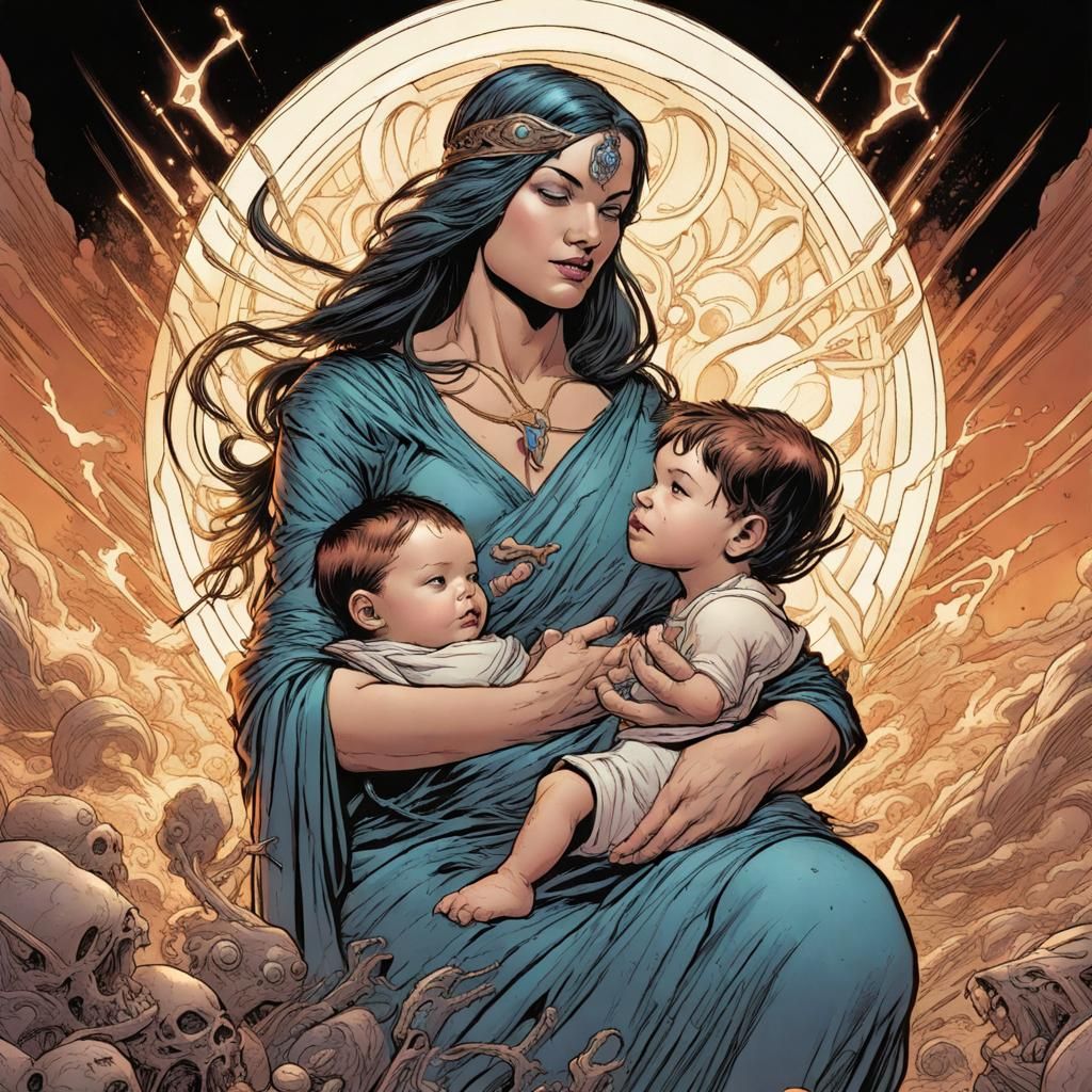 Woman with Multiple hands like goddess with her son