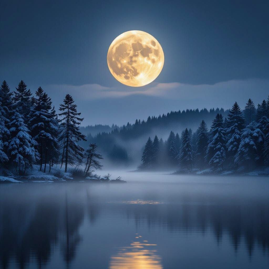 A full moon rises over the trees around the misty lake in winter.