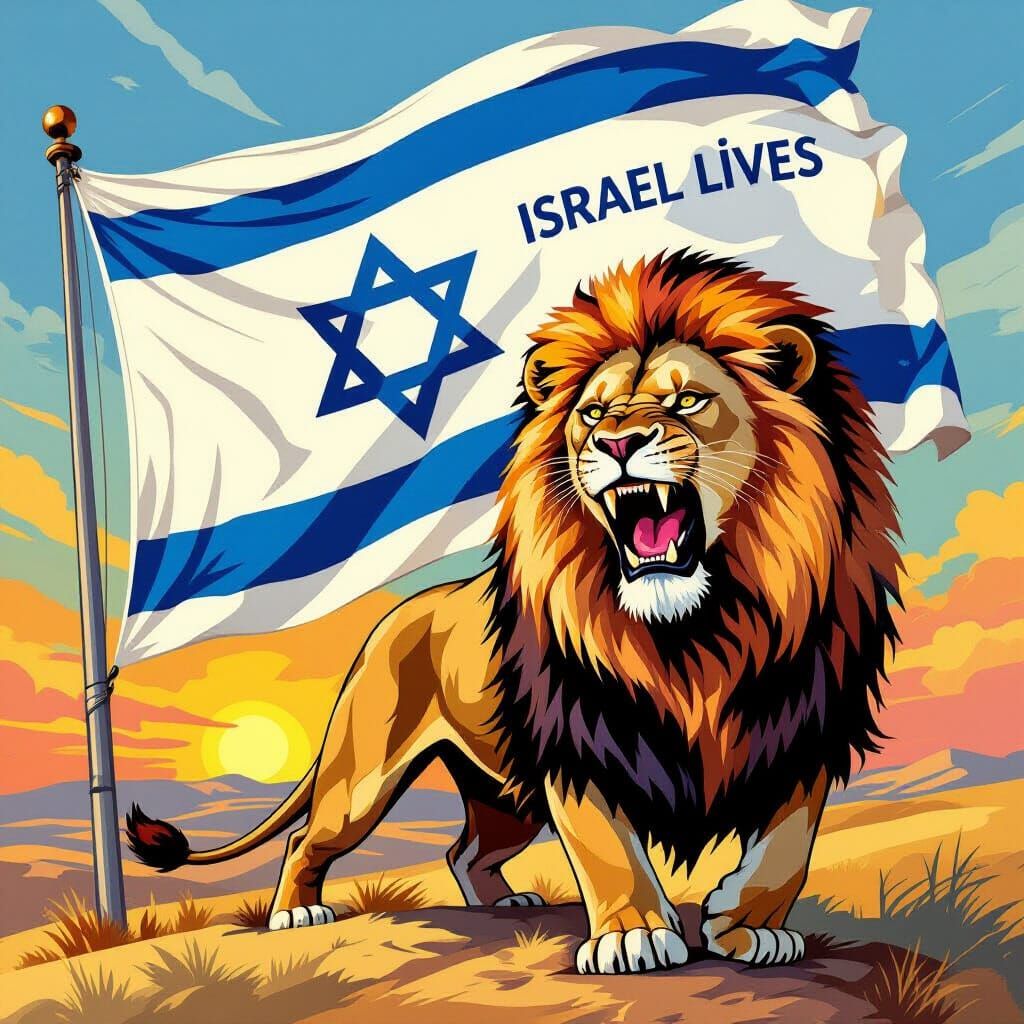 Israel Lives Flag with Roaring Lion in Bezalel Style