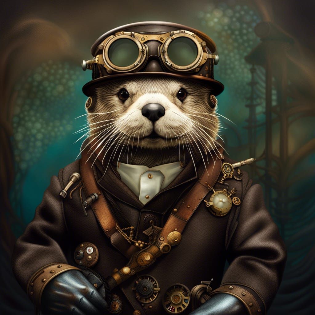 Steampunk sea otter wearing goggles  by @BulePanda