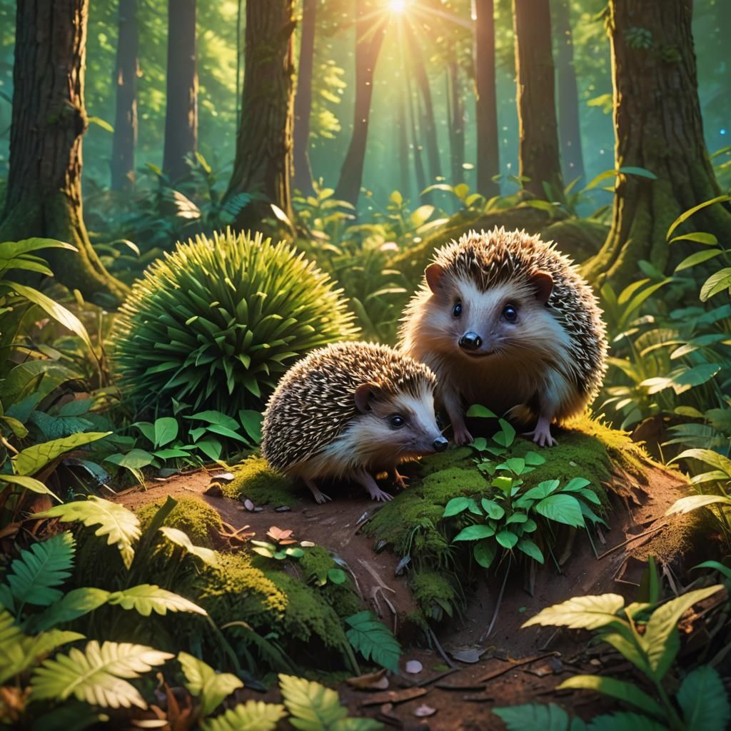 Hedgehog with baby hedgehog in forrest