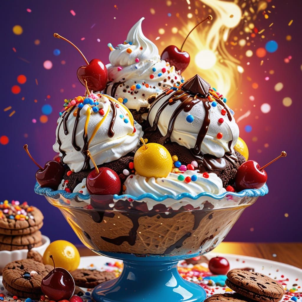 huge elaborate ice cream sundae with brownies, cookies, candy, sprinkles, whipped cream, and cherries ...  by @Lady on Fire