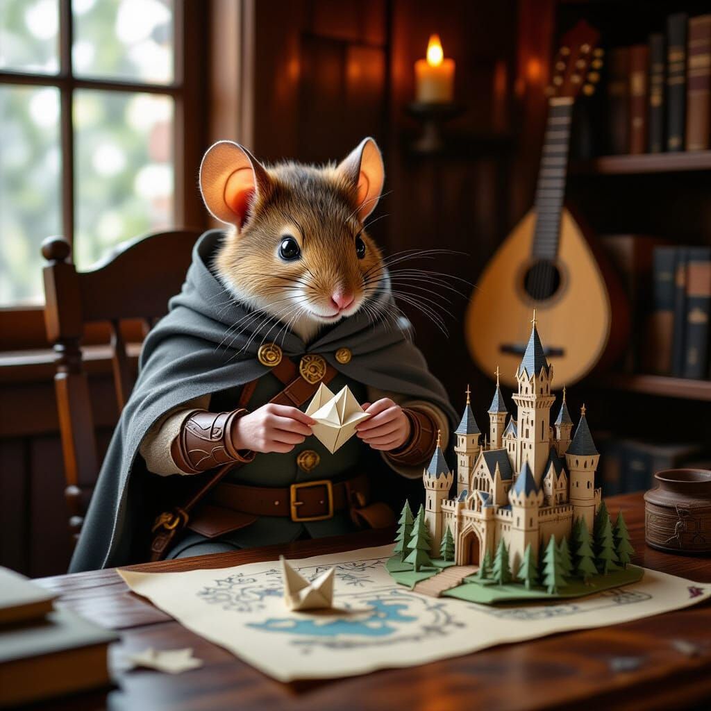 Finn, an anthropomorphic forest mouse adventurer and bard-ranger, sits at a wooden table crafting delicate origami figures. In front of him ...