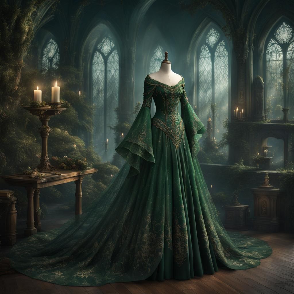 elf dress on a dress form, dark green, fantasy core, fairy c...