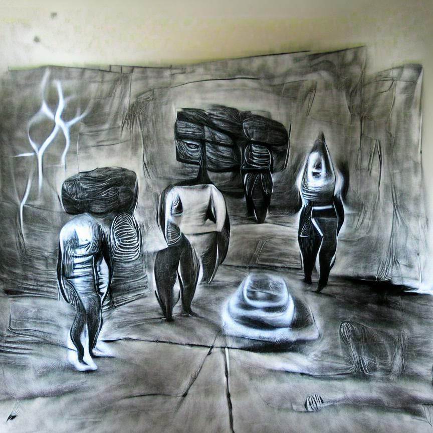contingent beings in a liminal space charcoal drawing