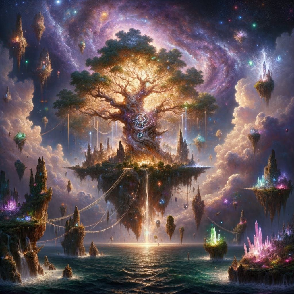 A colossal glowing world tree towering at the center of an endless ocean, its bark etched with ancient bioluminescent runes that pulse with ...