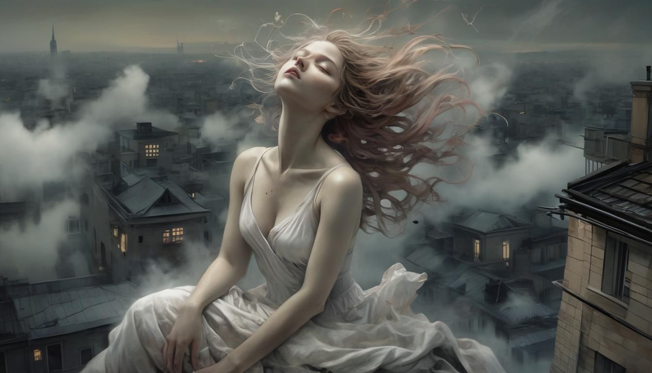 portrait, female, somnambulist, ,rooftop, dreamy, gouache,  illustration, Ryohei Hase, Correggio, foggy