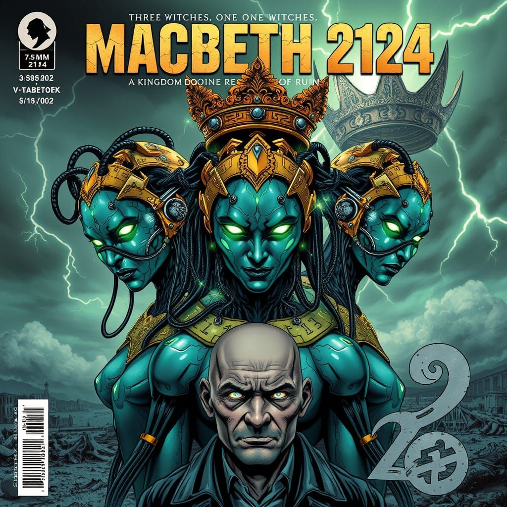 Design a stunning comic book cover for "Macbeth 2124", reimagined as a futuristic dystopian tale.  by @Feric Tjauw