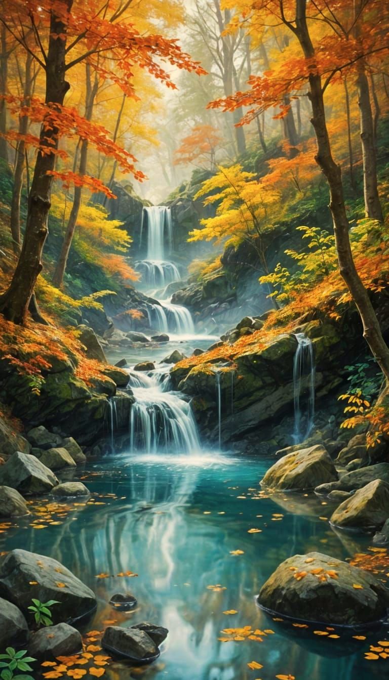 A cascade tumbles into a crystal-clear pool nestled deep within an ancient forest.  by @Macbeth