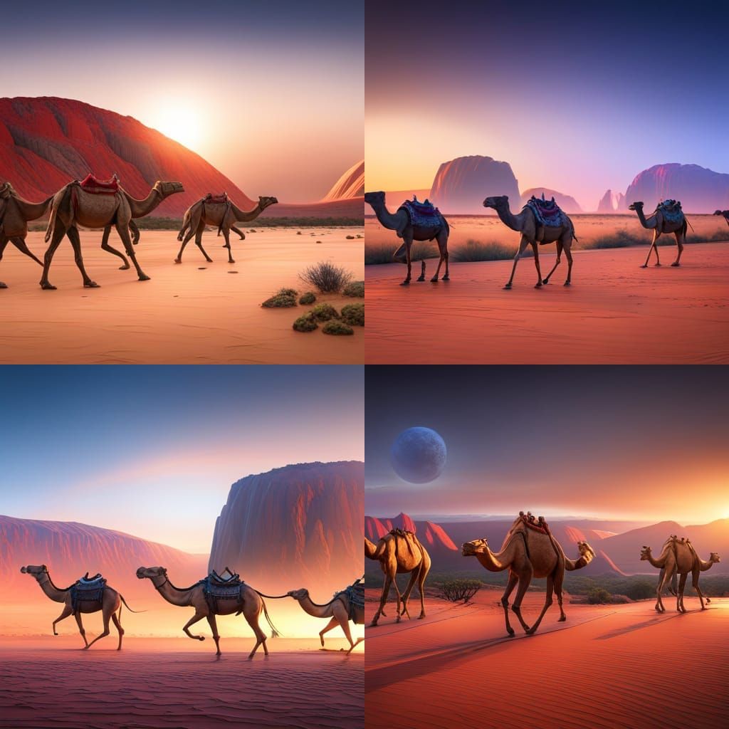 Camels walking across Uluru at sunrise