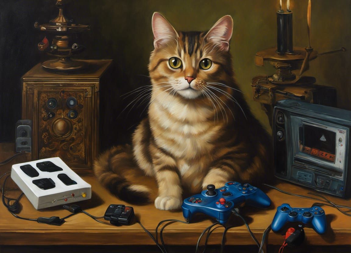 Professional oil painting of an adorable cat next to video games  controllers :: renaissance painting:: null-ghost :: professional majestic  o... - AI Generated Artwork - NightCafe Creator