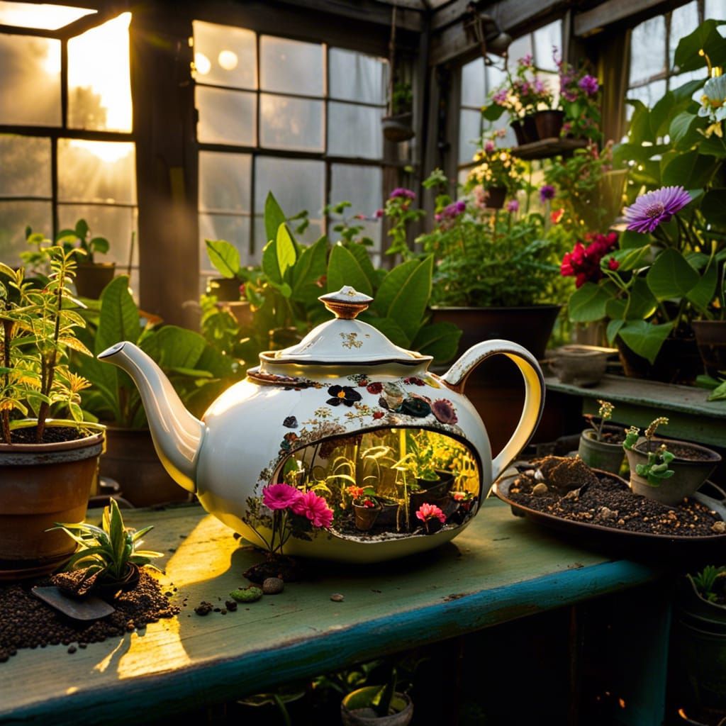 Upcycling miniature flower arrangement in old broken teapot AI