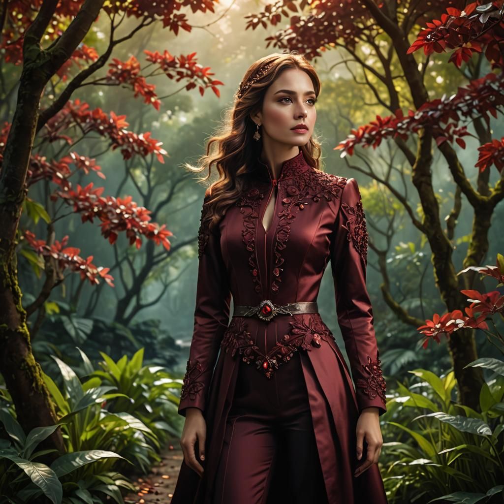 Full body shot of a beautiful woman wearing garnet, nature b...