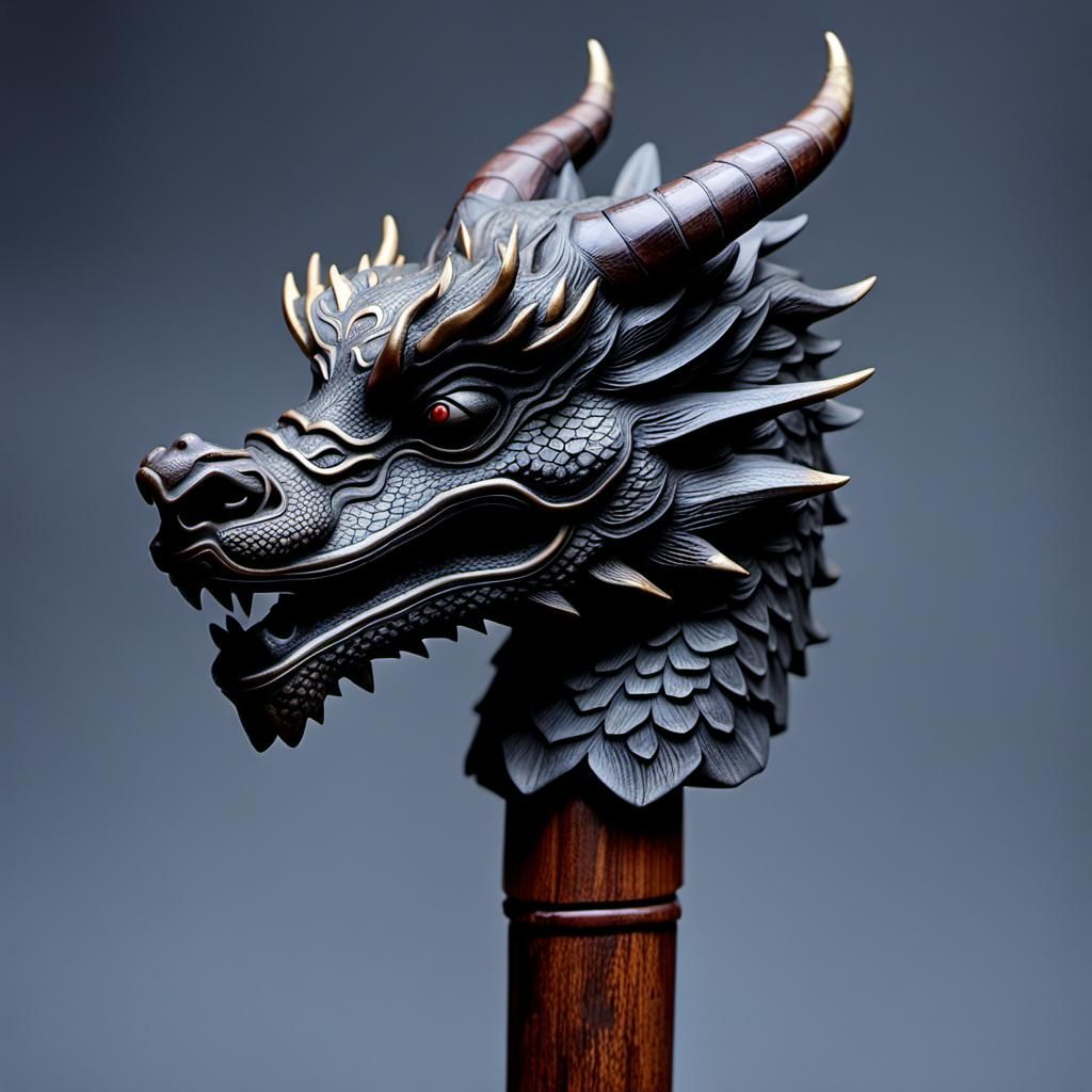 Ornate Dragon Head Carving on Walking Stick