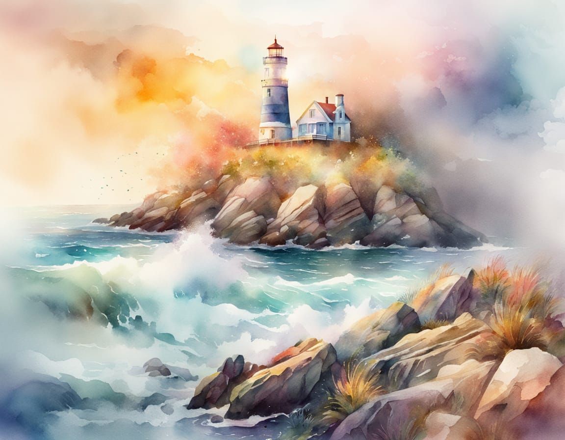 saturated pastel splash watercolor lighthouse  by @Zaneta Neuzilova