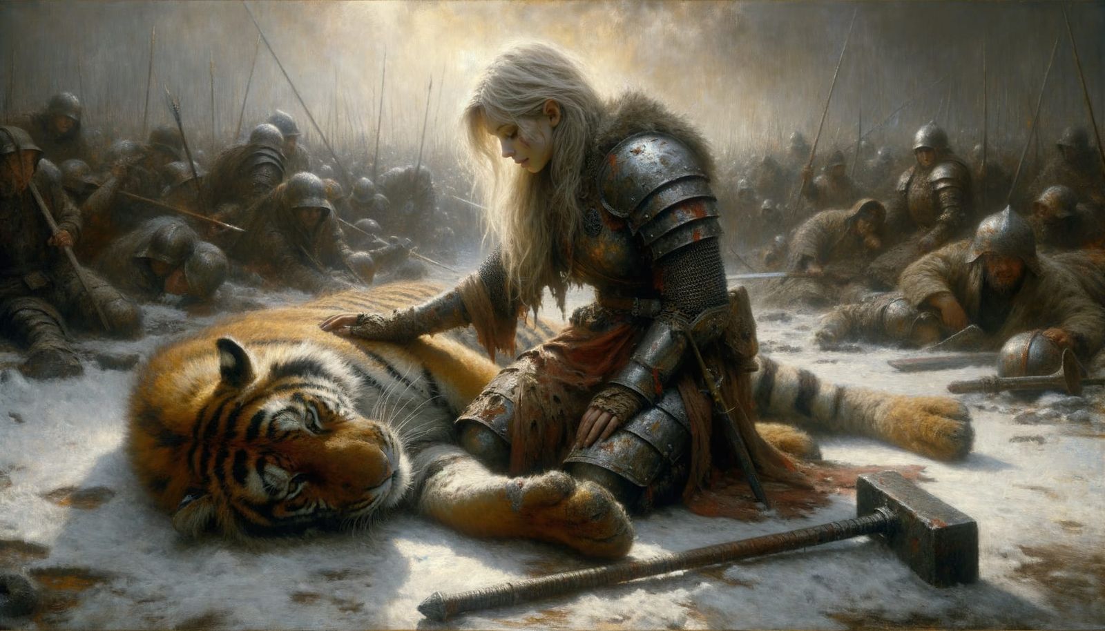 Tenebrism Oil Painting: Compassionate Elf and Injured Tiger ...