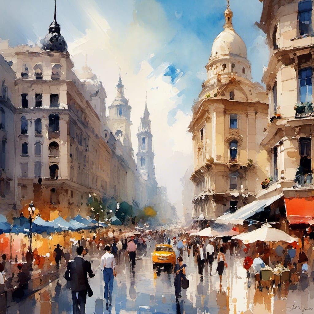 <lora:ImpressionismCity:0.1> Beautiful watercolor paintings of famous structures, cities, and buildings, people on the street, 16k, ultra -...