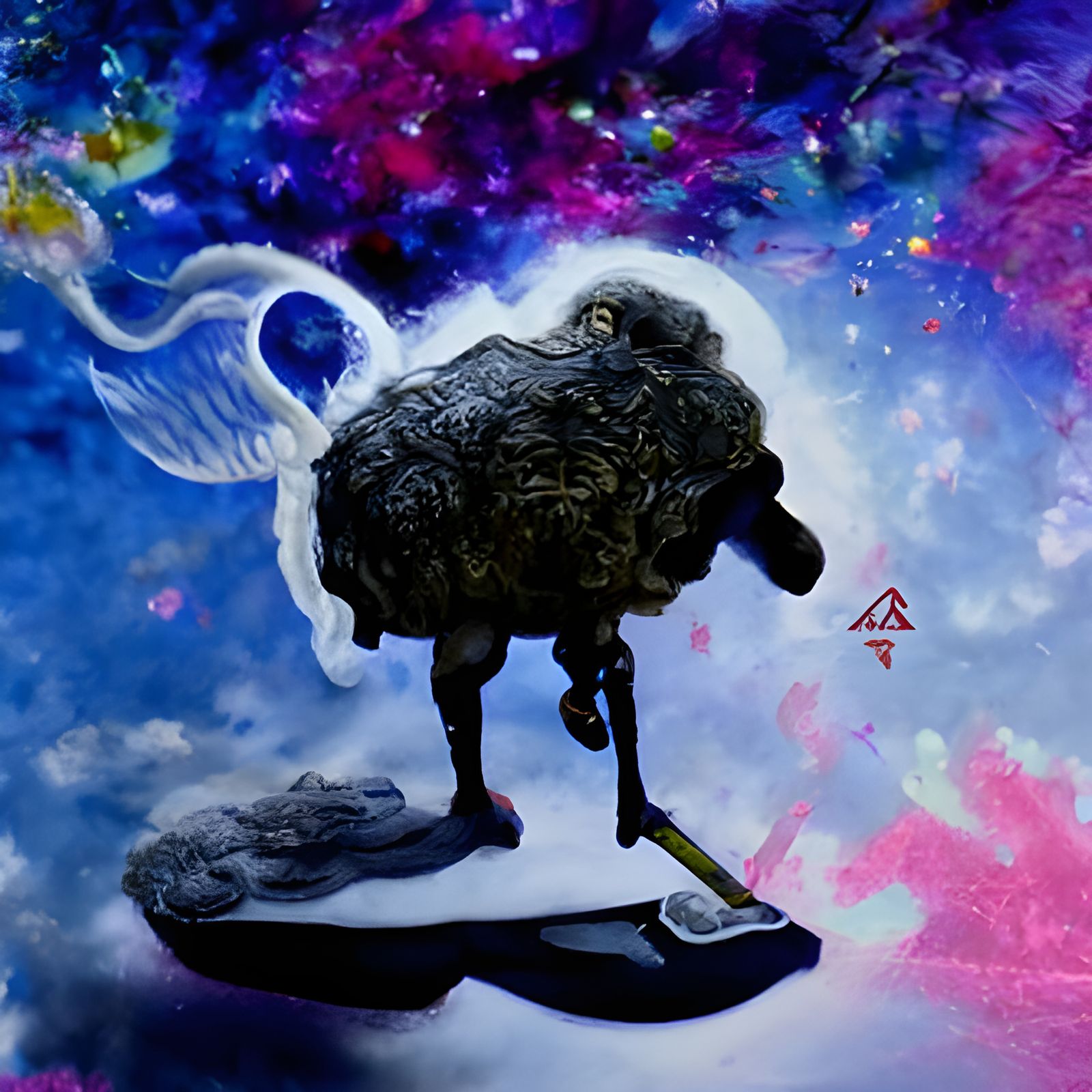 A sheep with wings and an axe laying on the floor. AI Generated