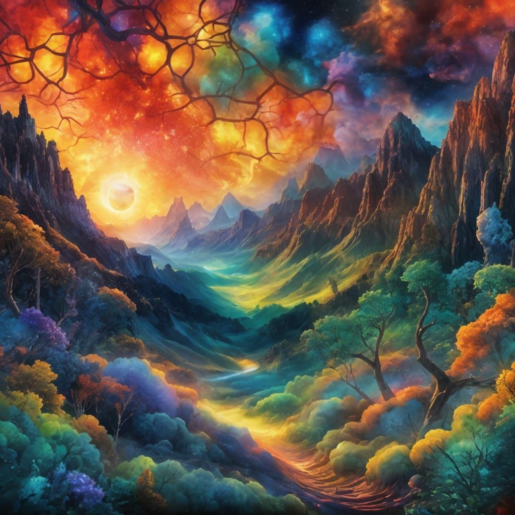 Landscape under a stained glass sky