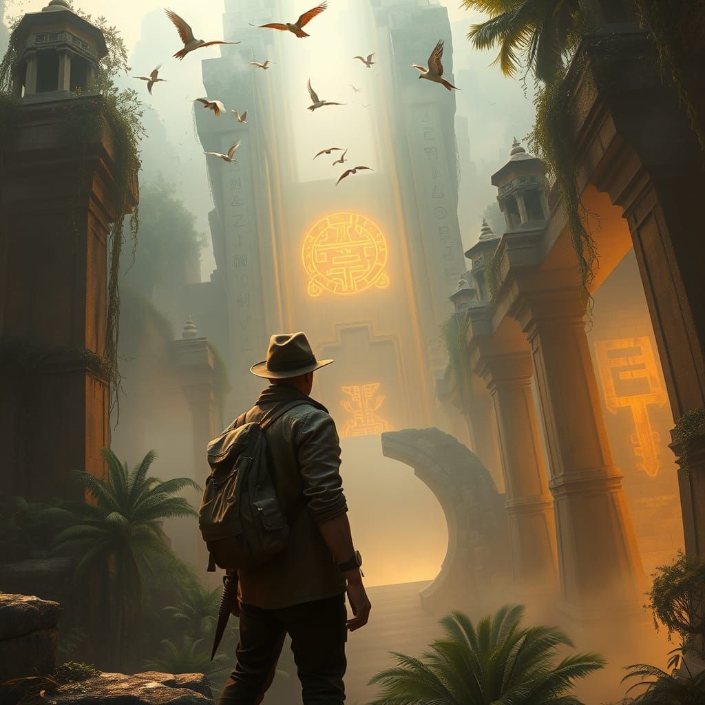 A lone explorer standing at the edge of a colossal, ancient jungle temple hidden in a canyon, vines hanging from stone pillars, mysterious g...