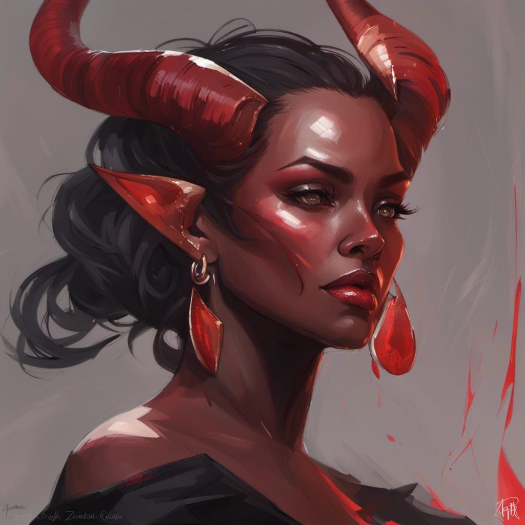 dark fantasy tiefling dancer, black dress, red skin, woman, headshot ...