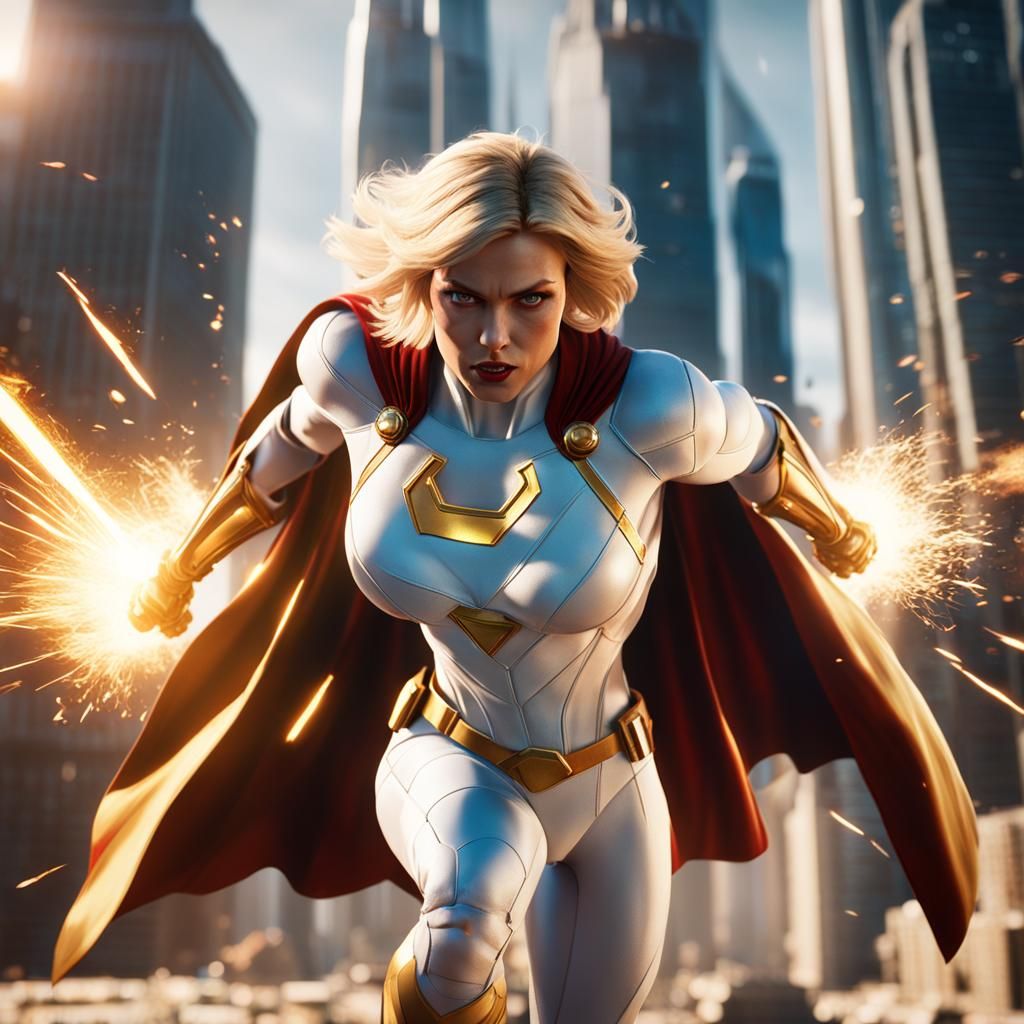 Powergirl with short shaggy blonde hair in action.  photorealistic 3ds Max