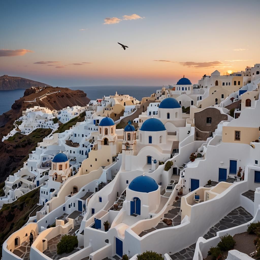 Oia, Santorini typical sunset, one blue dome, white little c...