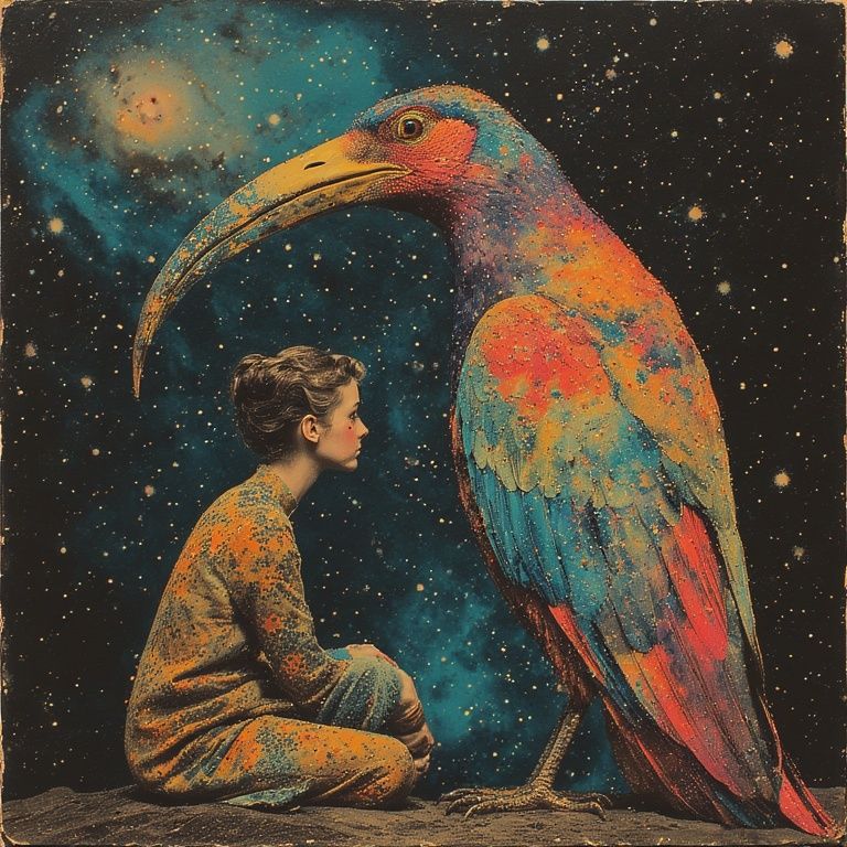 sitting alongside a large, colorful bird