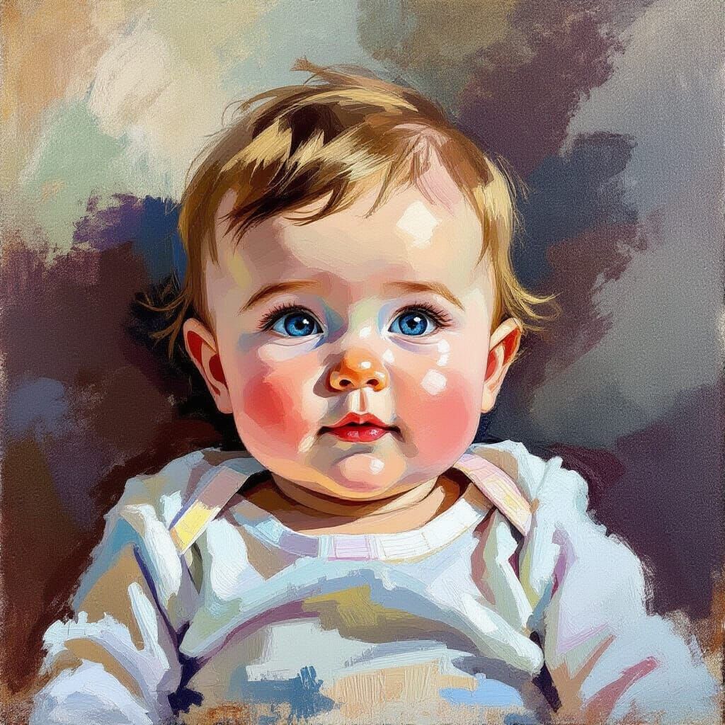 Adorable Baby Portrait in Thick Impasto Gouache