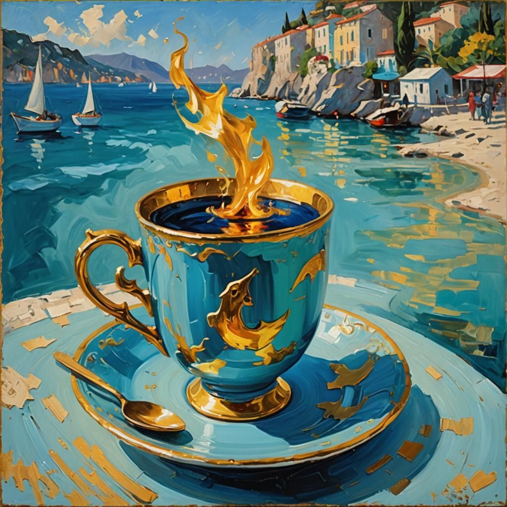 Elegant Cup with mystical smoke, in Background blue lagoon C...